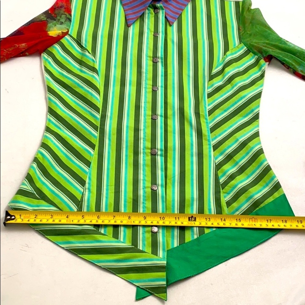 Save the Queen green multicolor stripe snap shirt S - Picture 9 of 14